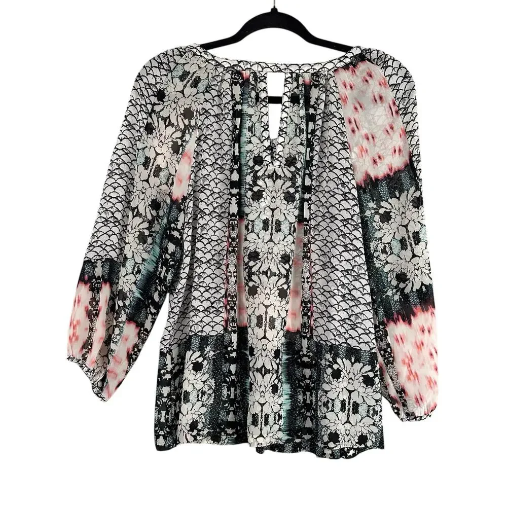Figueroa & Flower Anthropologie Blouse Size L Mixed Print Sheer Artsy Boho Top - Picture 2 of 15